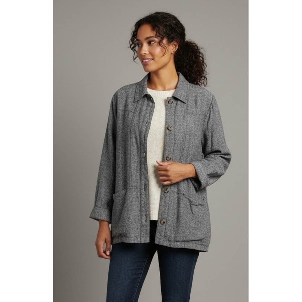 Naturals D&Co Linen Blend Button Down Shacket Women's Sz M Gray Pockets Vacation